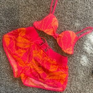Vibrant Pink and Orange Leaf Print Women's push up swim top set board shorts